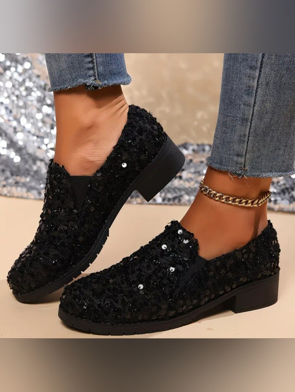 Women's Black Sequin Slip-On Loafers